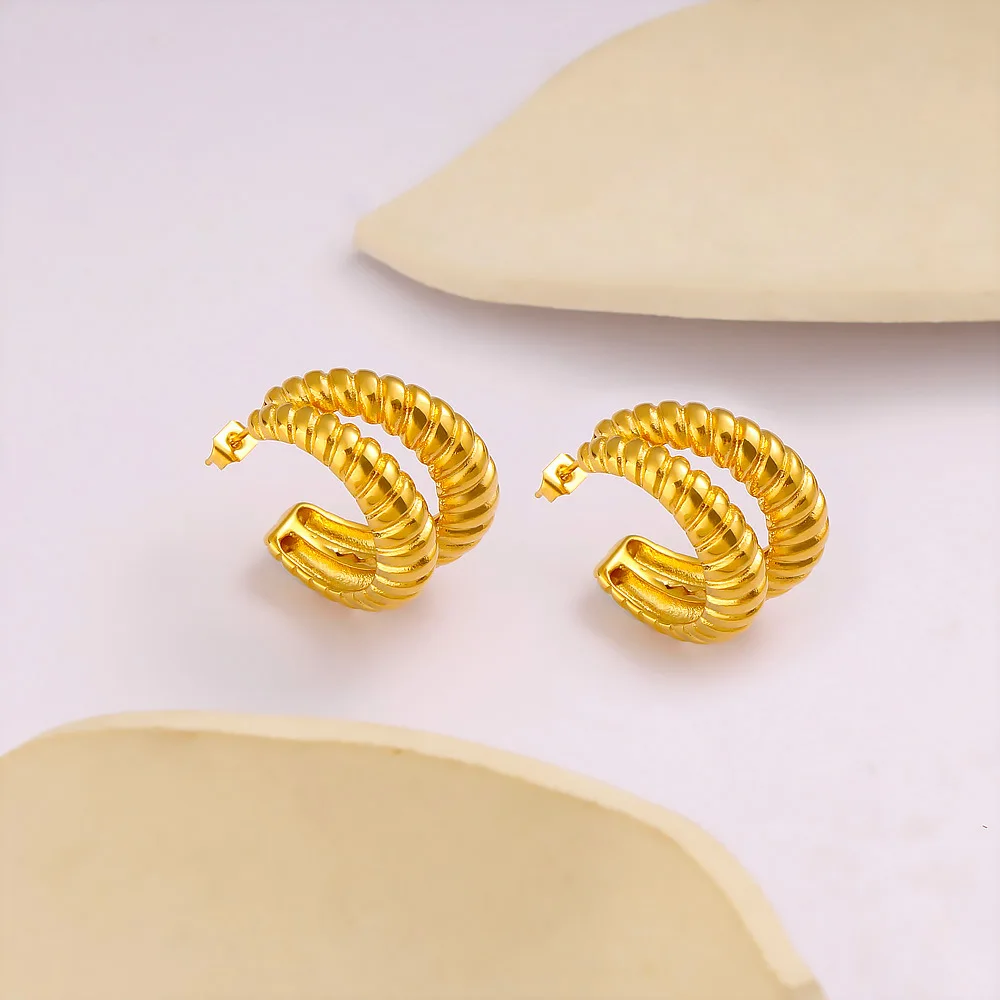 DIY accessories European and American style fashion C-shaped double ring earrings trendy titanium steel horn bag twist 18K gold