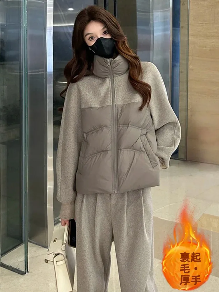 Thickened Cotton Stand Collar Women's Fashionable Casual Set Warm Two-Piece Suit Long Sleeve Zipper Closure Long Pants