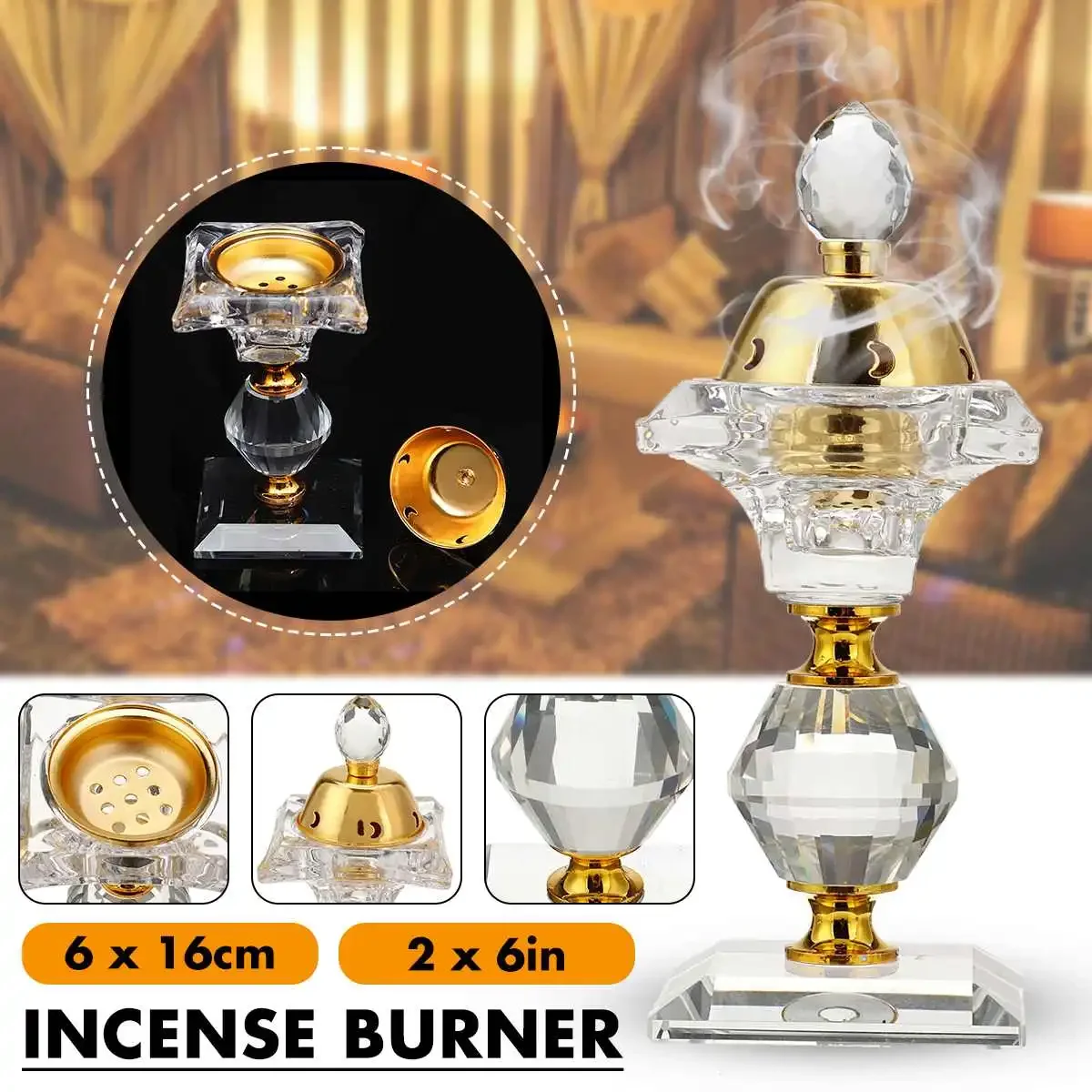 Portable 6in Mini Incense Burner Metal Diamond Floral Arabian Crystal Censer Aroma Stove Holder Home Decor