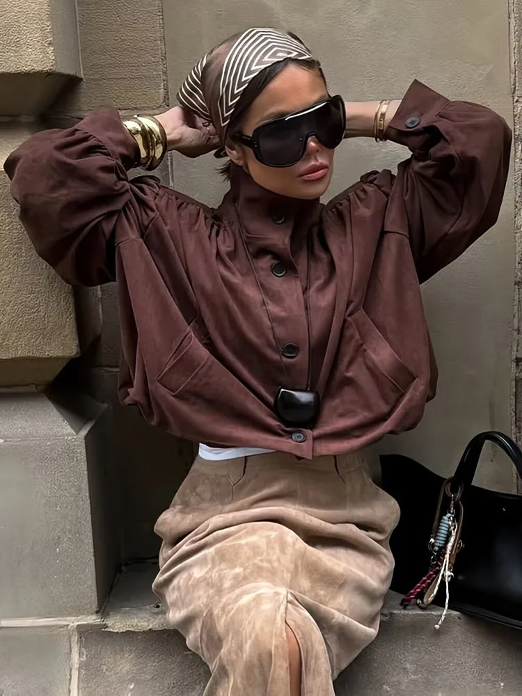 

HH женская осенняя винтажная однотонная замшевая плиссированная дизайнерская куртка женская водолазка однобортное повседневное пальто с длинными рукавами и карманами