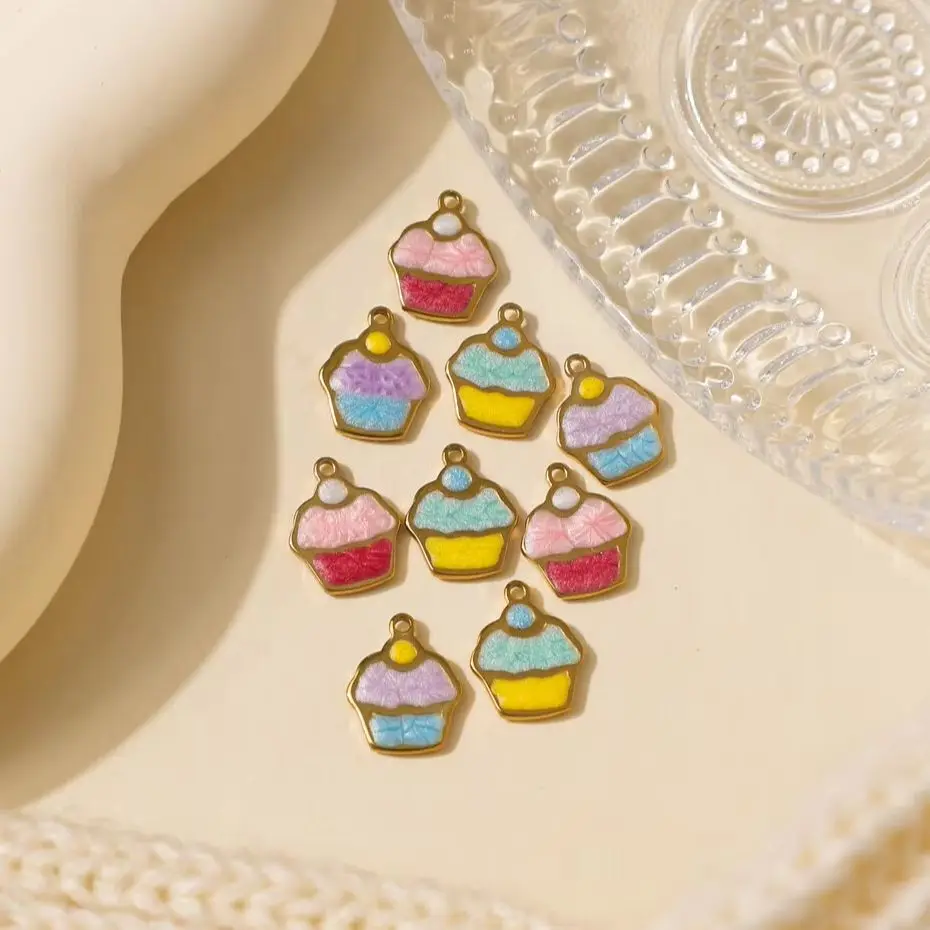 10-Piece Set of Stainless Steel & Colorful Enamel Cake Charms—Exquisite Accessories for Women and Girls to DIY Romantic Jewelry