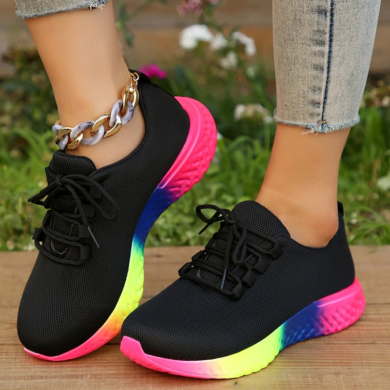 Fashion Rainbow Sole Knit Sneakers Women Mesh Breathable Platform Sports Shoes Woman Non Slip Yellow Running Sneakers Plus Size