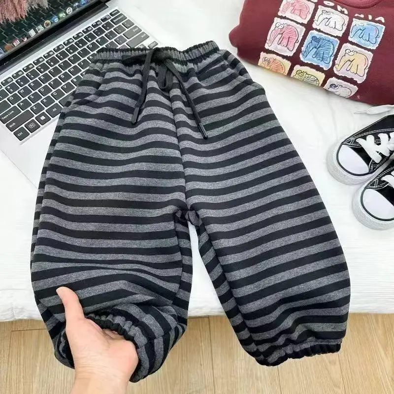 

Осенне-зимние полосатые брюки для мальчиков и девочек, широкие брюки, повседневные брюки для бега, удобная детская одежда в корейском стиле, модная