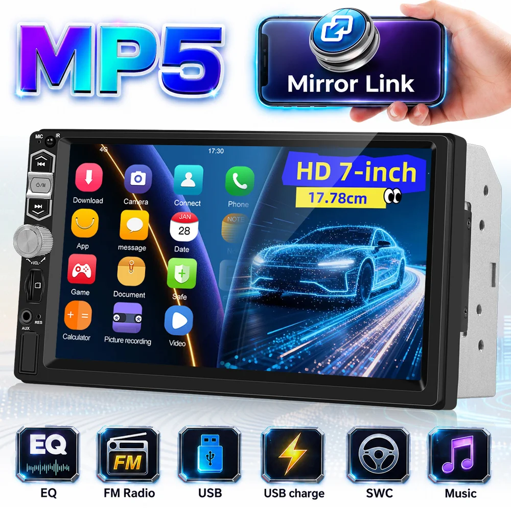 Double Din MP5 Car Player with 7 Inch Touch Screen Car Stereo, Wired Mirror Link, Share Same Video, Bluetooth, USB Port, EQ