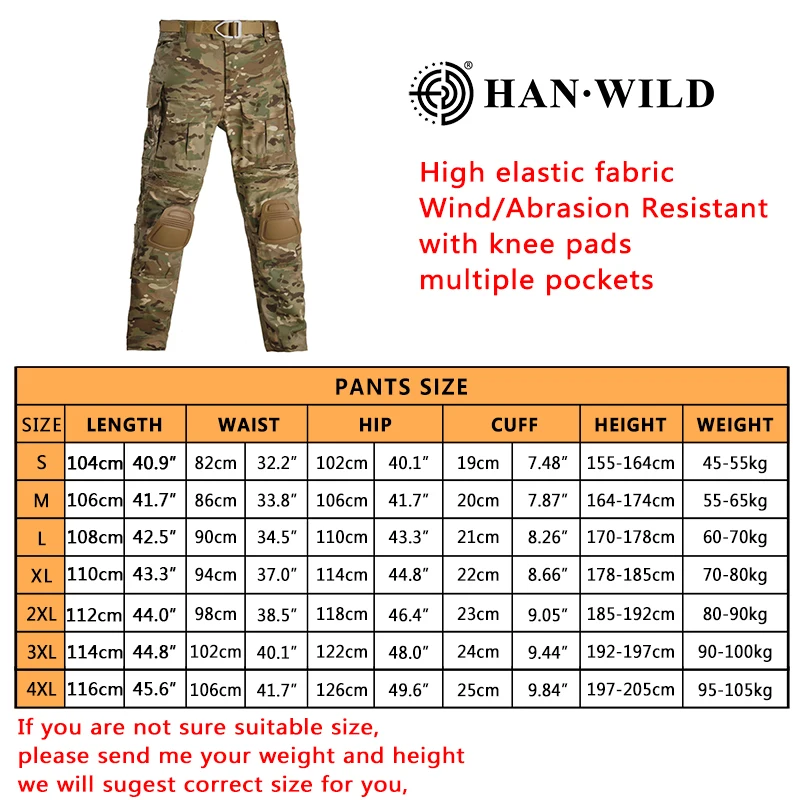 HAN WILD Outdoor Sport Pants Airsoft Tactical Cargo Pants Elastic Men Combat Trousers Camouflage Trekking Hunting Clothes Tops