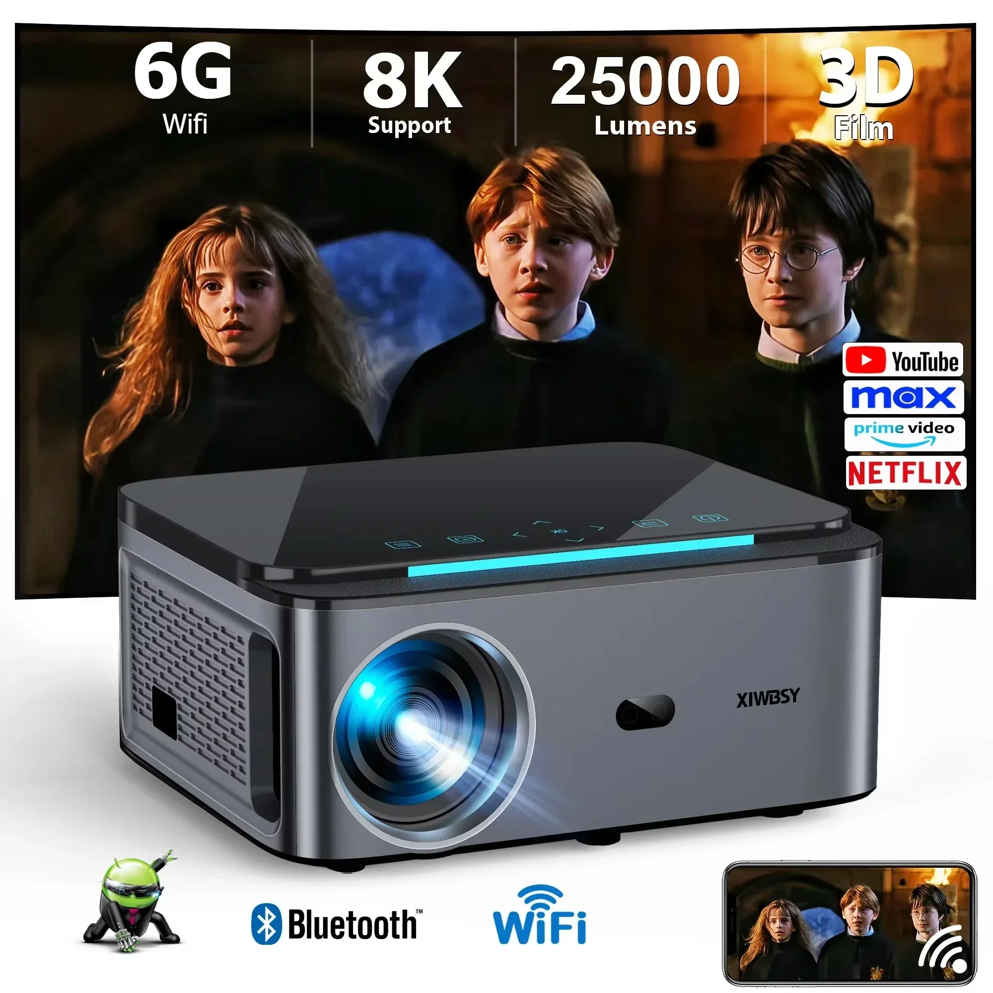 XIWBSY 4K AutoFocus Android Projector WIFI6 Native Full HD 1080P Projector 8K Video Audio Portable Home Theater Projector