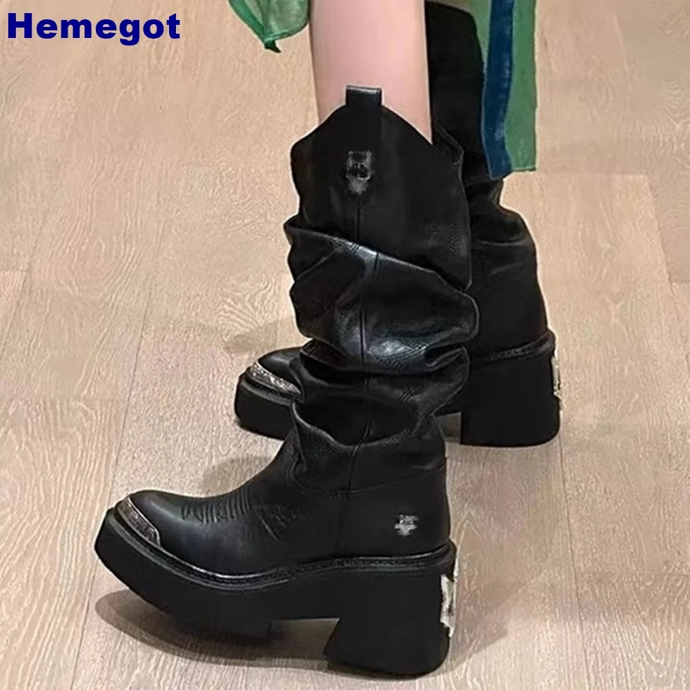 Pointed Toe Platform British Style Boots Thick Heel Metal Toe Sewing Knight Boots 2024 Black/white Fashion Women Mid-Calf Boots