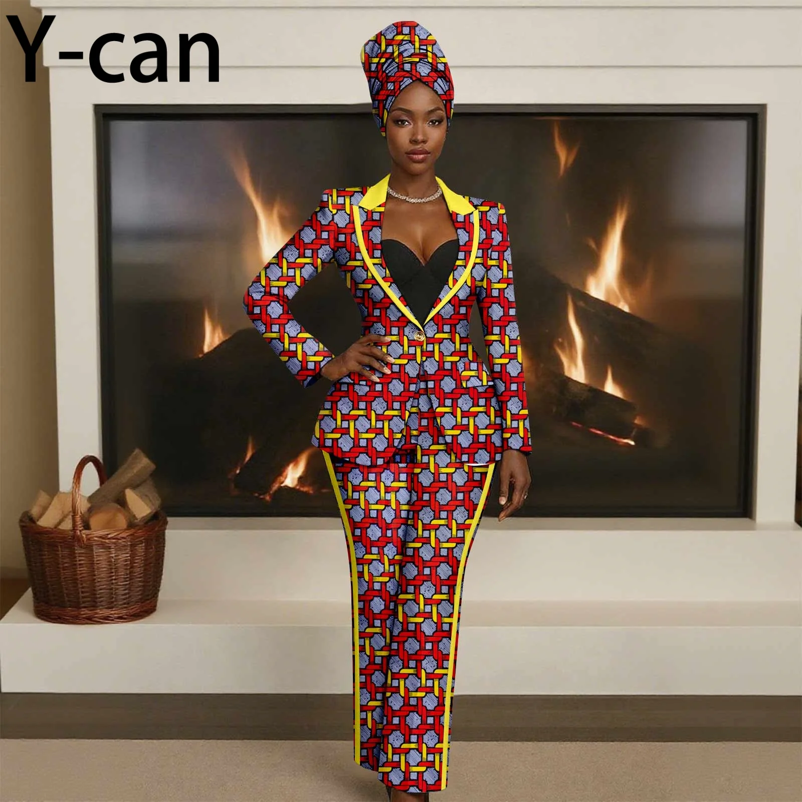 

African Women Clothing for Party Jacket Suit Patchwork Ankara Wax Print Slim Fit Coat with Pocket Pants 2 Piece Set 2526072