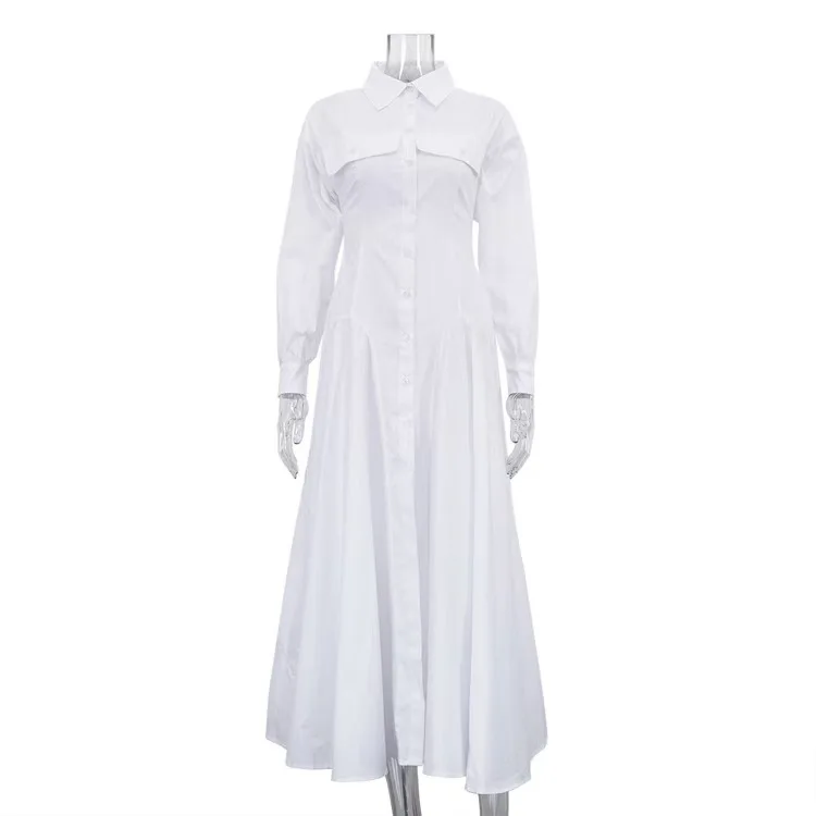 Ele High Waist Long Sve irt Dr Faionable Classic Collar A-Line Skirt Cotton Casual Wear for Dates And Everyday