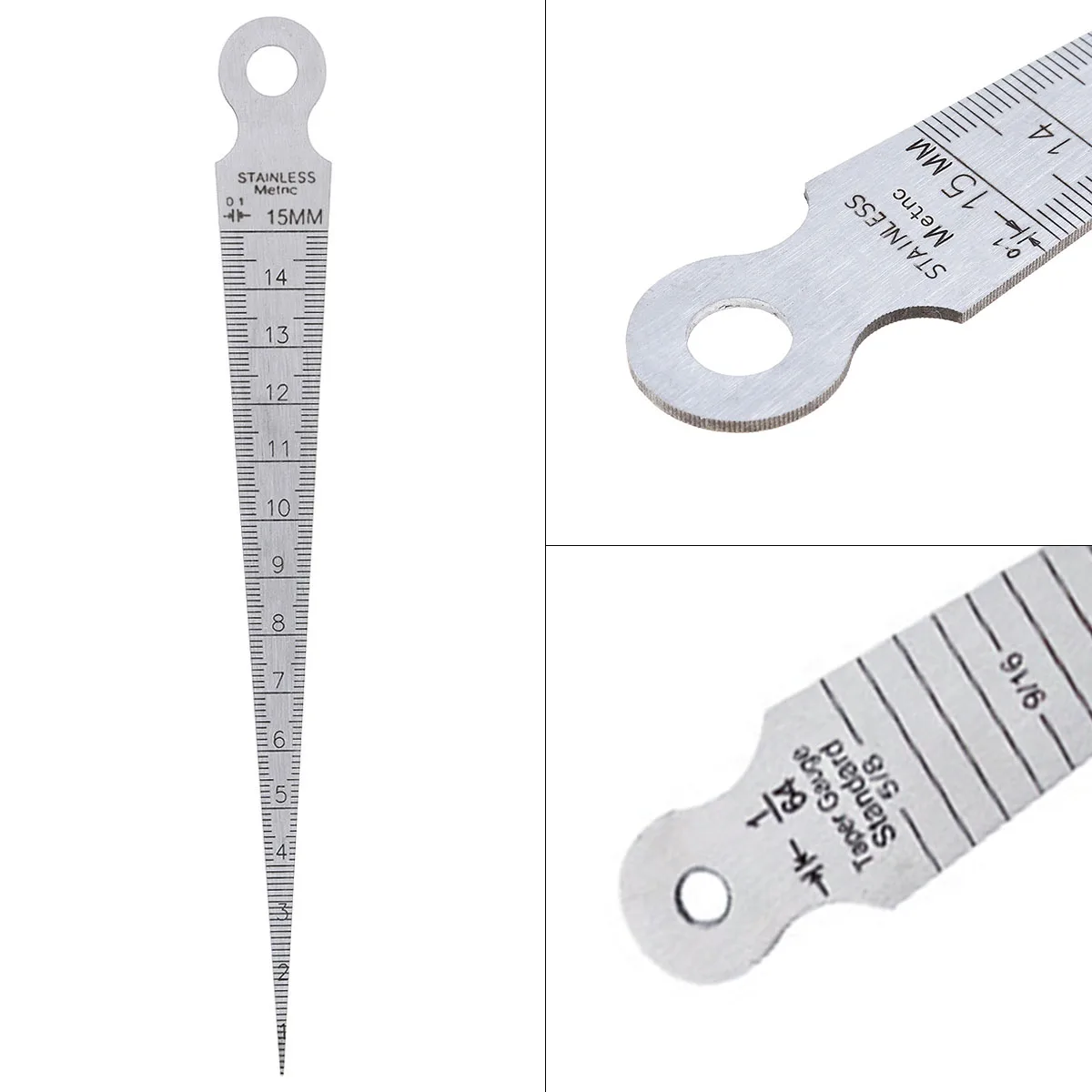 

Stainless Steel Wedge Feeler Gauge Aperture Ruler with Imperial Metric Double Sided Scale for Hole Gap Measuring Tool