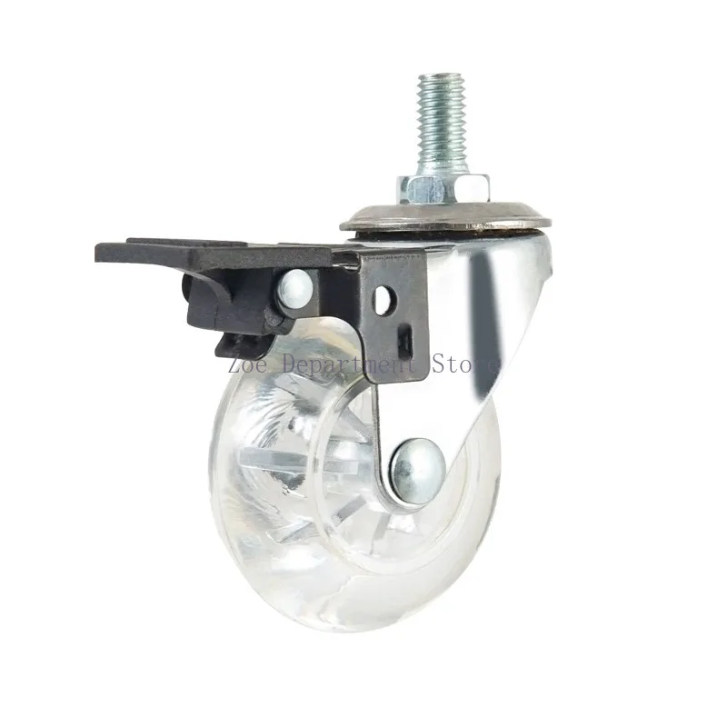 4pcs Threaded Stem Casters 2In Clear PU M8 Swivel Wheel with/without Safety Brake Nuts Office Chair Desk Baggage Quiet Smoothly