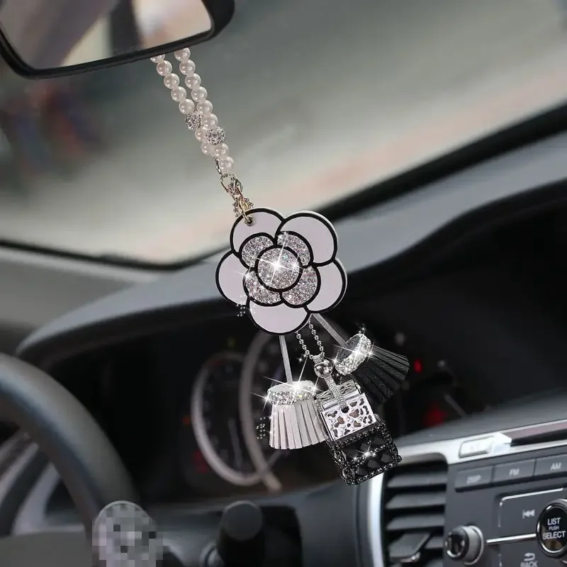 Diamond Camellia Car Hanging Air Freshener Rearview Mirror Pendant Ornament Car Hanging Chain Decoration Accessories For Girls