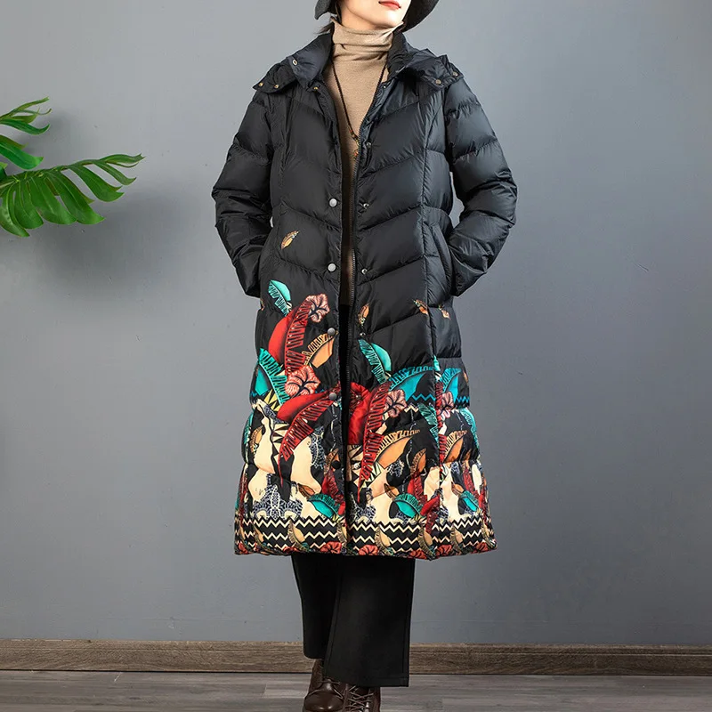 New 2024 Winter Clothing Female Chinese Style Printing Mid-length Down Jacket White Duck Down Hooded Single-breasted Down Jacket