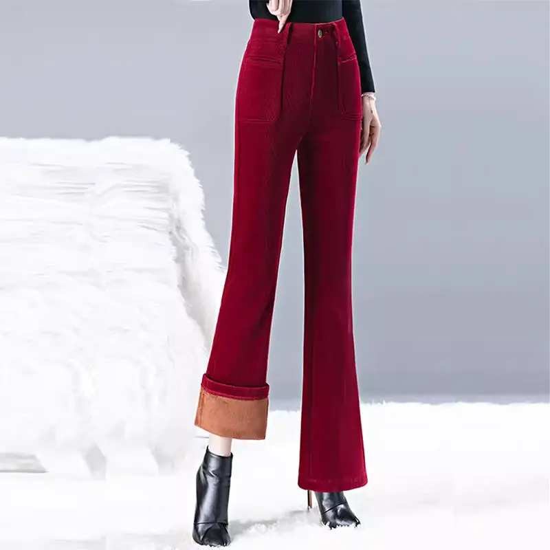 Fleece Flare Ladies Fashion Solid Color High Waist Straight Autumn Winter 2024 New Elegant Pocket Slim Pants Buttons Women\'s