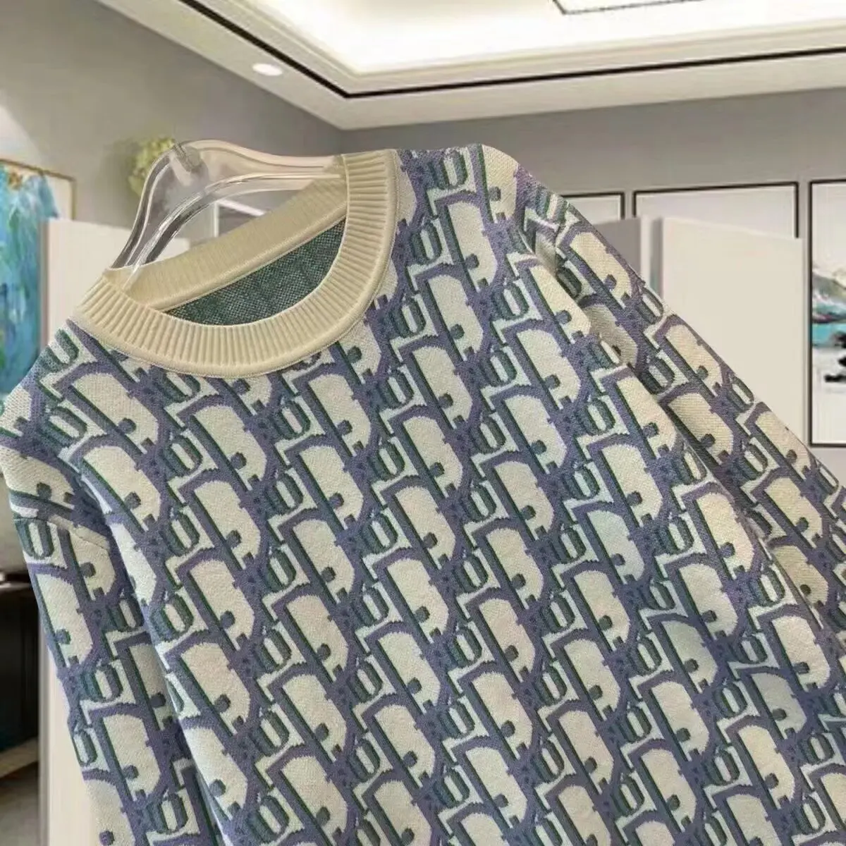 العصرية العلامة التجارية الخريف الشتاء زوجين الرجعية طباعة كاملة رسالة جولة الرقبة طويلة الأكمام سترة المرأة عارضة فضفاض محبوك أعلى