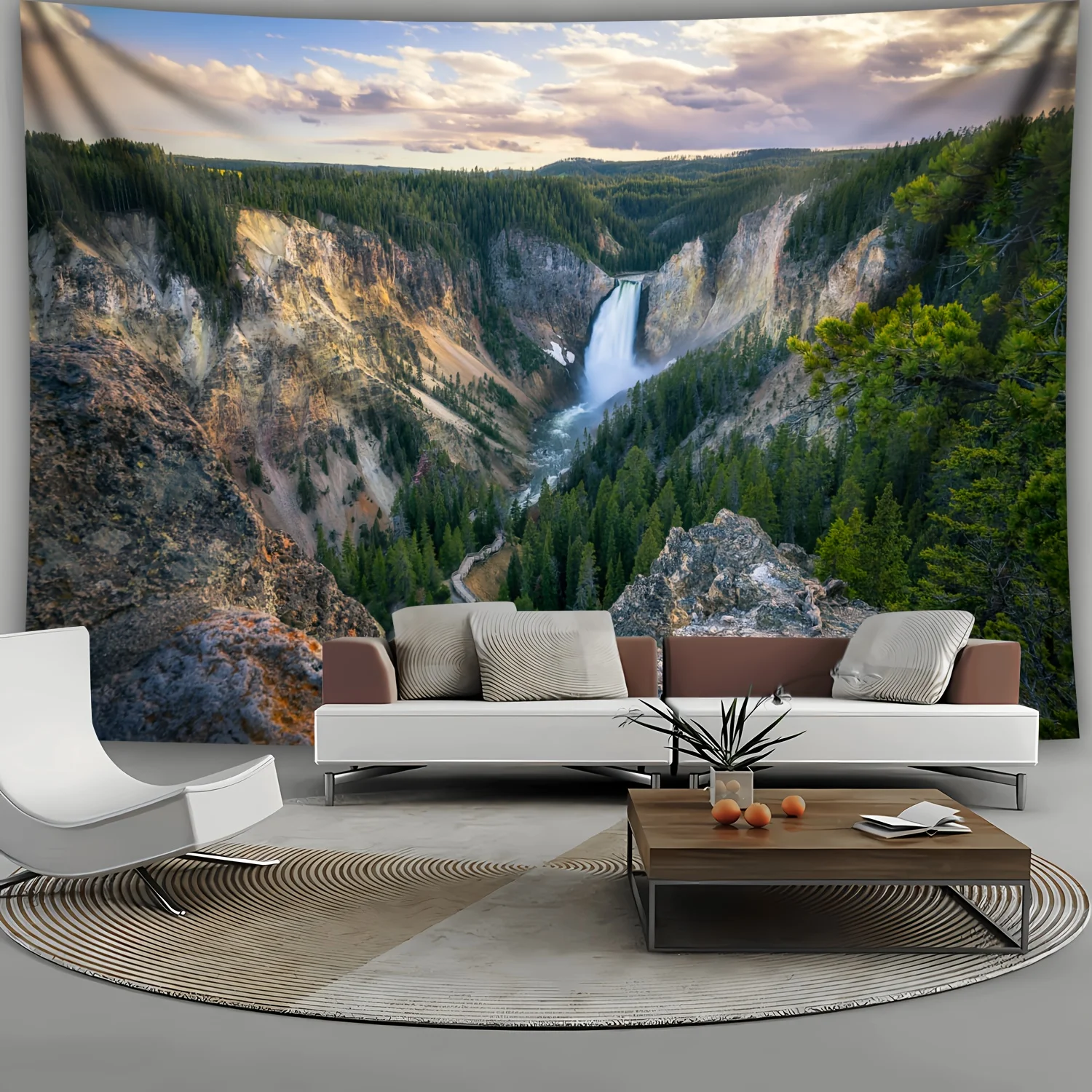 Majestic Yellowstone Canyon Landscape Tapestry - Extra Large Wall Hanging with Nature Scenery, Peach Skin Velvet Fabric, Woven