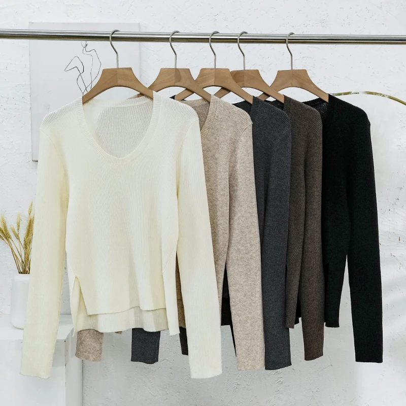 

Осень-зима женский шерстяной свитер, новый тонкий однотонный повседневный тонкий вязаный эластичный топ с круглым вырезом и длинными рукавами, базовые свитера