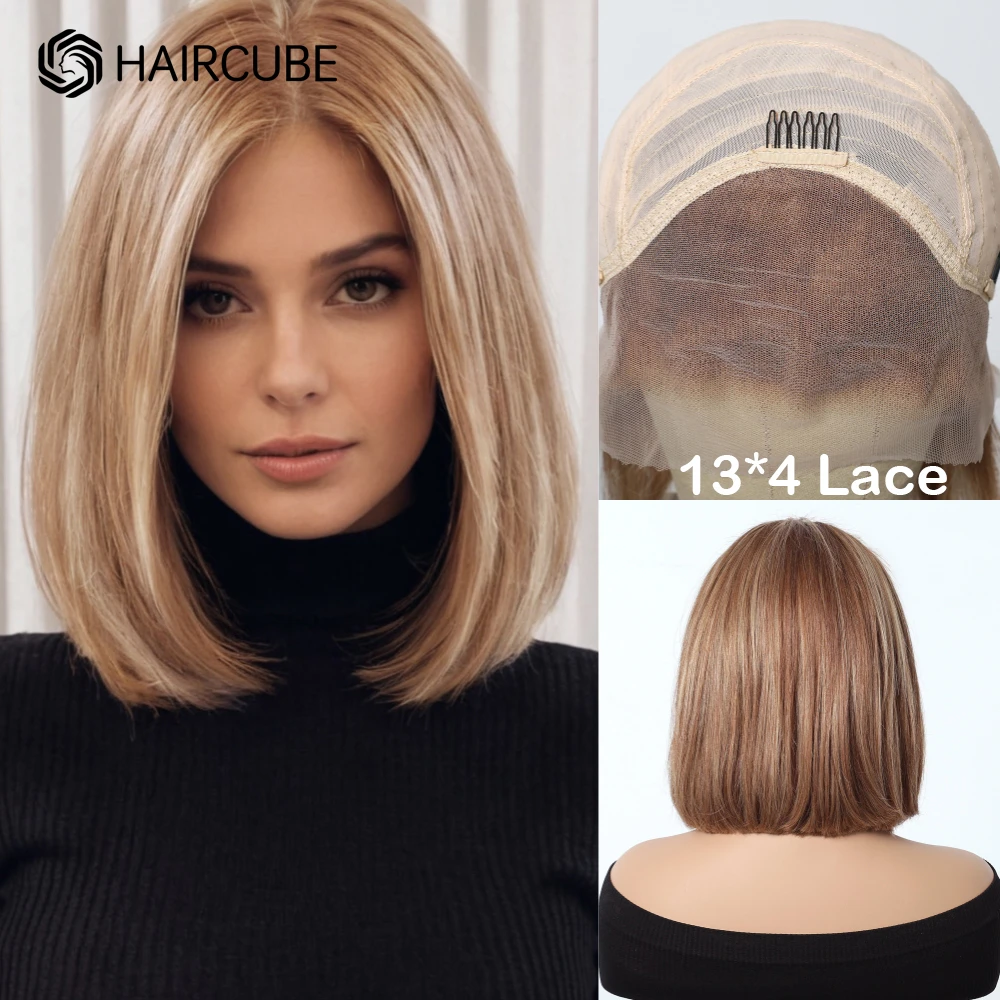 Perruque Bob Lace Front Wig Remy naturelle, cheveux courts et lisses, balayage brun blond, 13x4, pour femmes, 03/usage