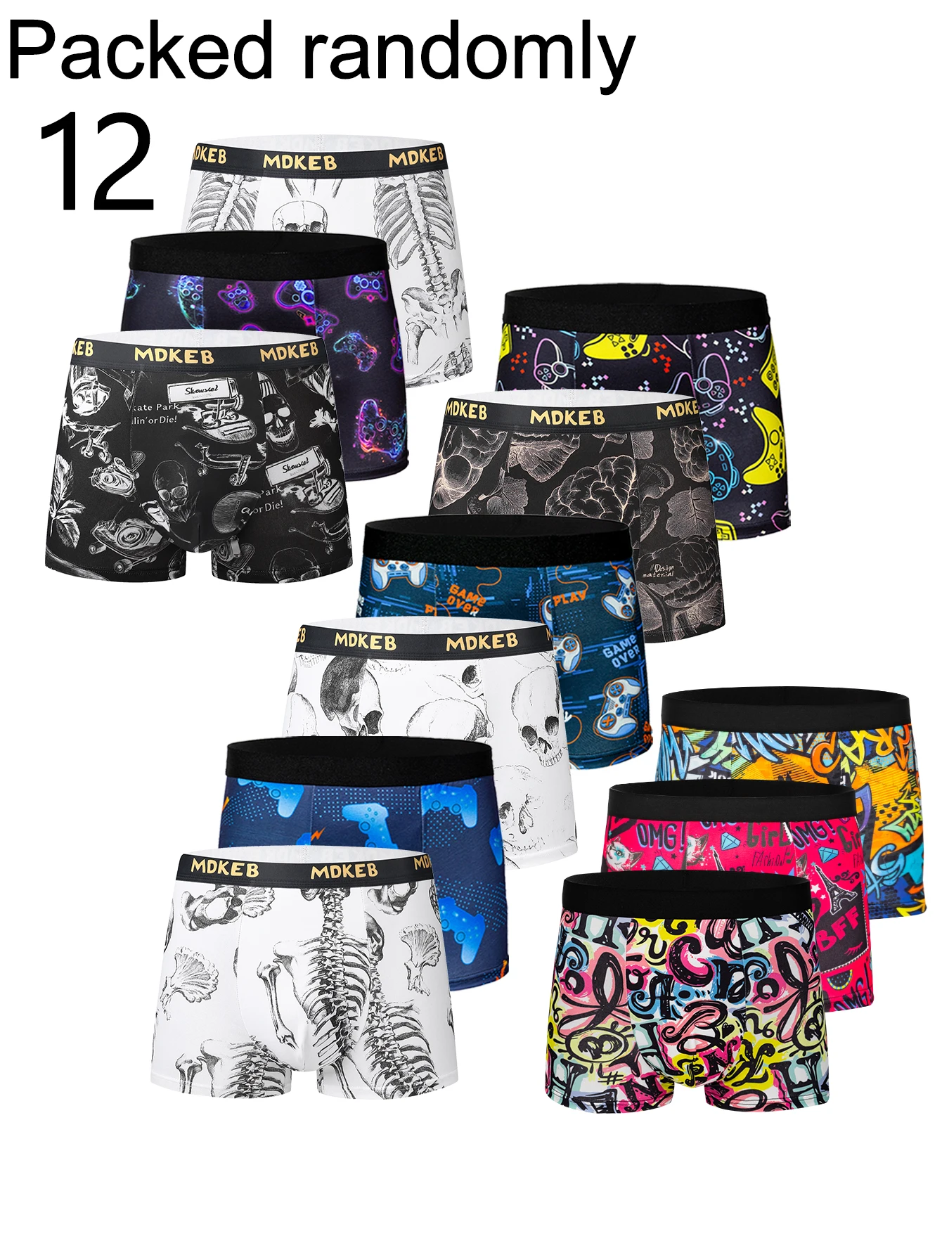 12-Pack Men's Boxer Briefs Cool Skeleton Graffiti Print High Elastic Breathable Unique Youth Men's Boxer Shorts Multiple Colors