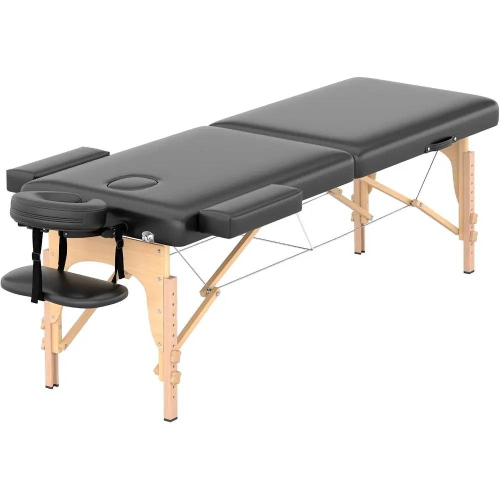 Massage Table,Portable 2 Section oldable Wood Tattoo Bed, Black | Height Adjustable Lash Spa Bed with ace Cradle and Armrest, Ho