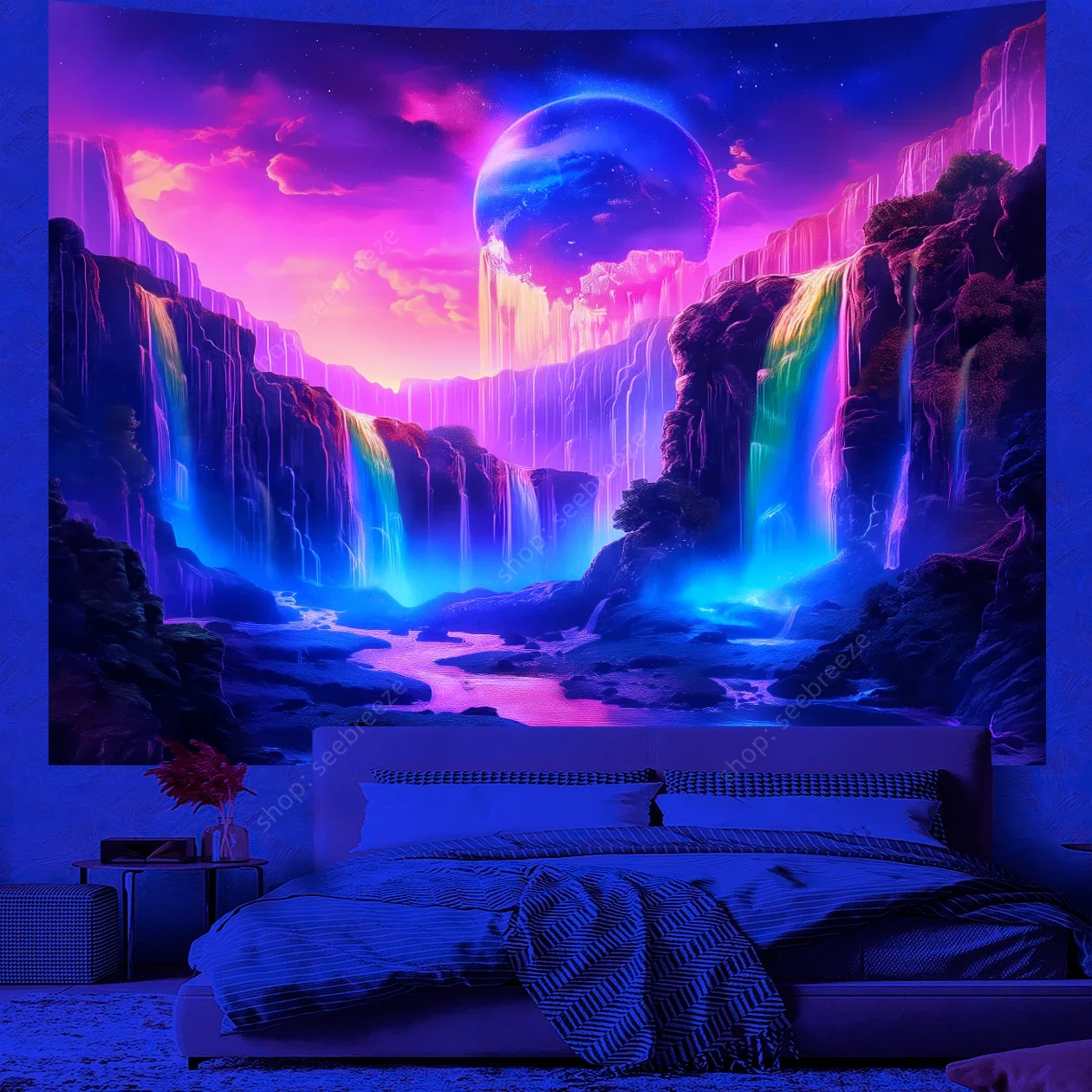 Psychedelic Waterfall Tapestry Galaxy Nature Landscape UV Reactive Tapestry Wall Hanging Dorm Living Room Aesthetic Hippie Decor