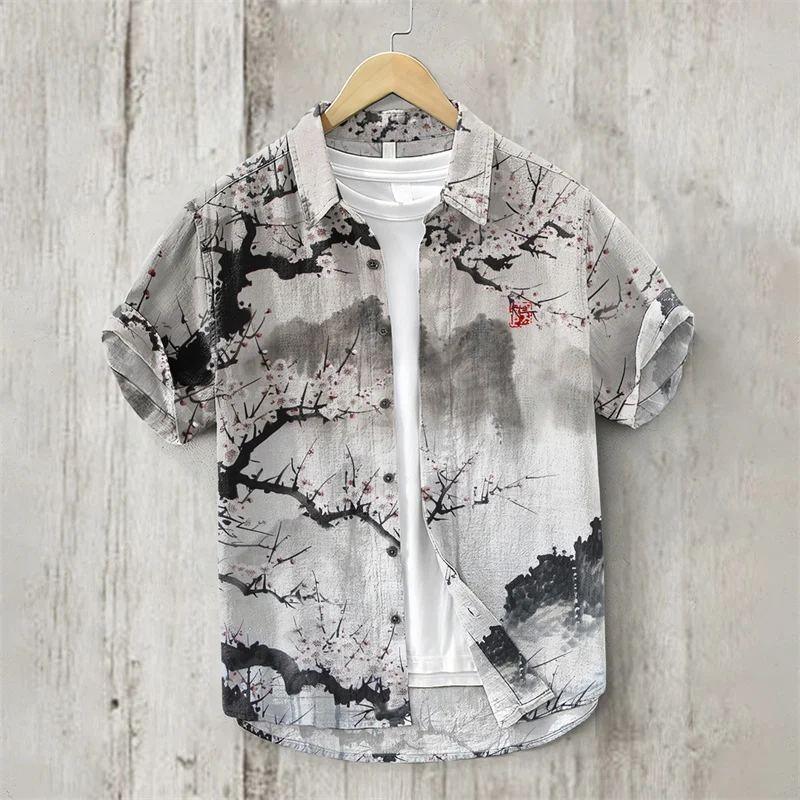 Men's Linen Shirt 3D Landscape Painting Print High Quality Men's Clothing Loose Large Size Shirt Fashion Casual Short Sleeve