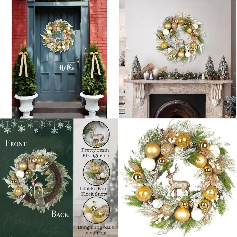 

24 Gold-Accented Pre-Lit Christmas Wreath with Deer, Ornaments & LED Lights for Outdoor Door