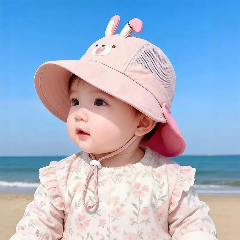 Cute Cartoon Baby Beach Hat with Bear Rabbit Ears Breathable Mesh Sun Visor Cap for Boys & Girls Summer Outdoor Panama Hat