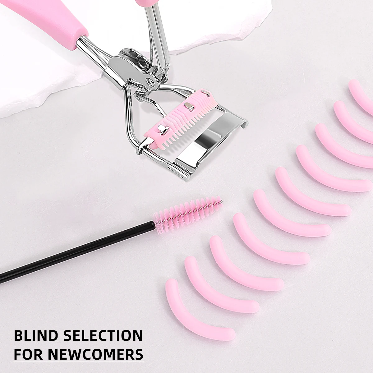 Pink stainless steel comb with 10PCS silicone pads and 1PC pink spiral comb for eyelash extension, portable eyelash curler