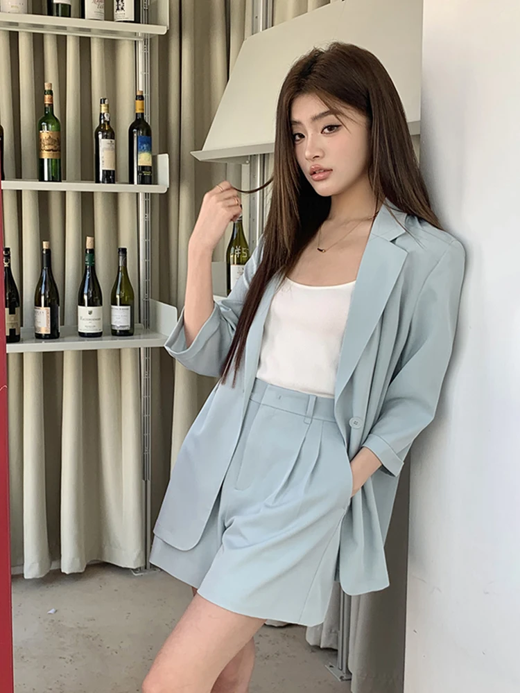 Two Pieces Summer Blazers Suits For Women Half Sleeve One Button Korean Fashion Notched Collar Wide Leg Shorts Sets  8370