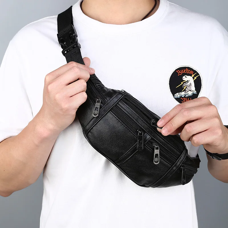 Riñonera deportiva de cuero PU para hombre, bolso de cintura para el pecho, resistente al agua, para exteriores, multifunción, color negro