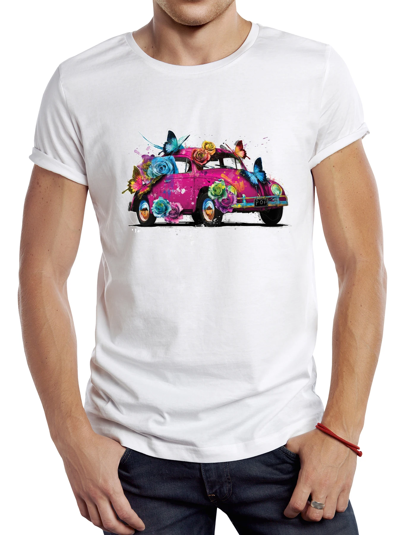 

FPACE Vintage Flower Car Men T Shirt Casual Male Tops Hipster Retro Beetle Car Printed Tee