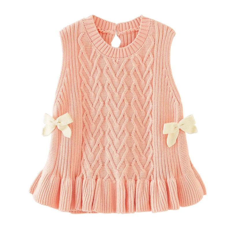 2026 Spring Autumn Pink Bow Girls Vest Sweater Dress Type Cotton Sweater Vest Toddler 1 2 3 4 5 6 7 8 9 10 Years Kids Clothes