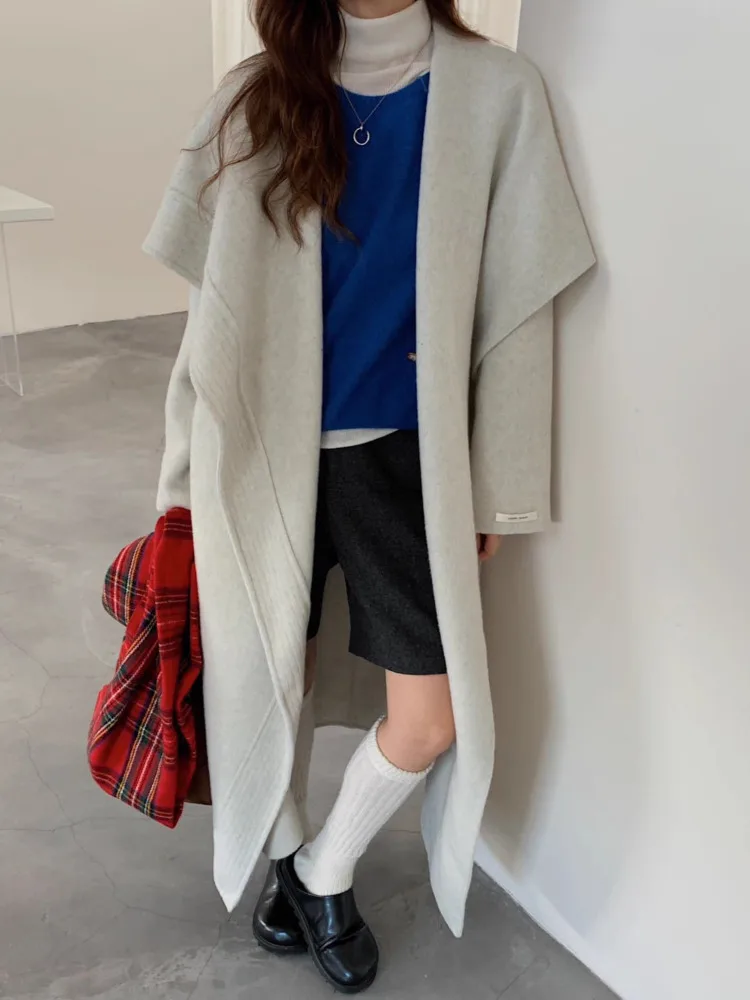 ZMEENNA レディース ロング ウール ブレンド コート 大きなショールカラー付き オープンフロント 暖かい冬用アウター ルーズフィット スタイル エレガント ZM4392