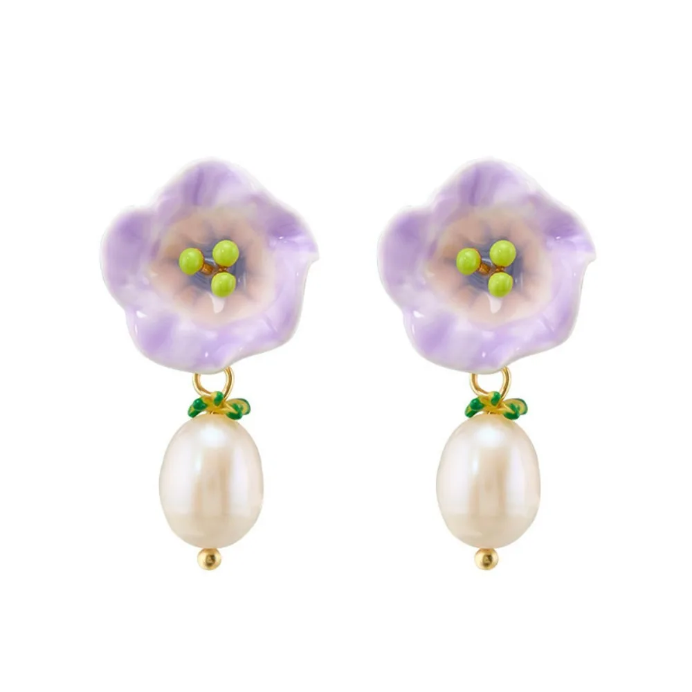 2025 New Year Small Fresh Enamel Light Purple Morning Glory Earrings Pearl Pendant Niche Design Natural Style Exquisite Earrings