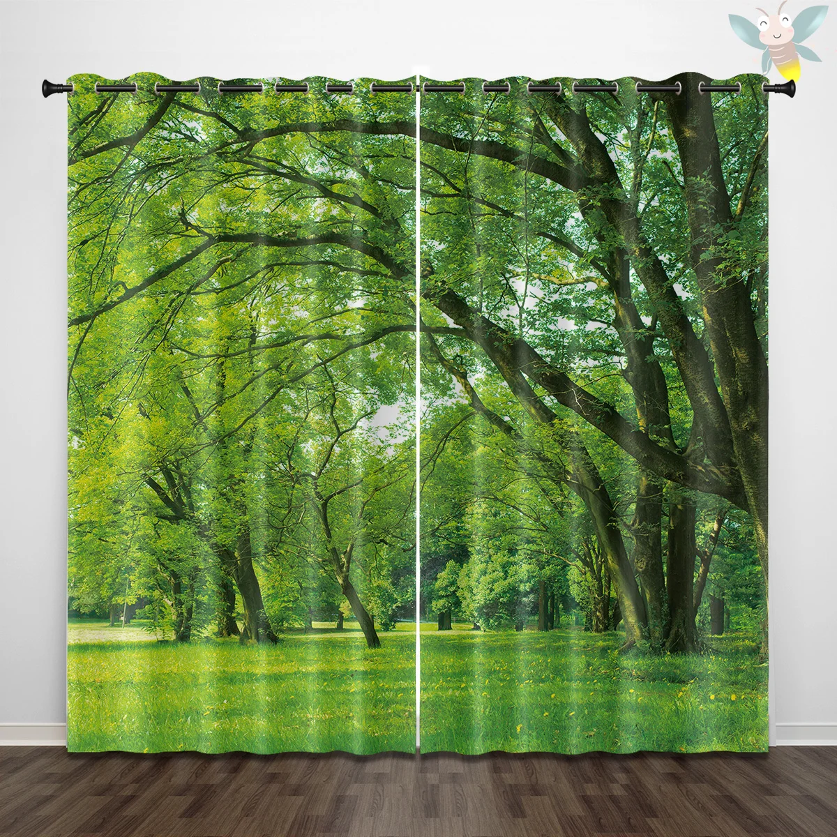 2 pieces of green forest tree pattern printed curtains, natural landscape decoration bedroom living room