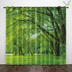 2 pieces of green forest tree pattern printed curtains, natural landscape decoration bedroom living room