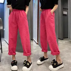 All-match Pockets Checkered Solid Color Elastic High Waisted Women's Clothing Straight Trousers Trendy Spring Autumn Pants