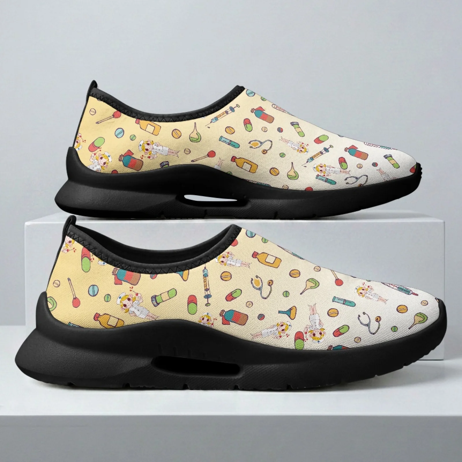 PENSTROLL Cute Medical Print Comfortable Mid Heel Sneakers for Men Office Mesh & EVA Walking Flats Casual Shoes