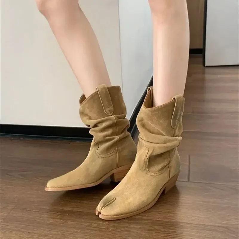 Pleated Ankle Boots Women Chunky Heels Shoes Autumn Winter New Slip On Cozy Zapatos Mujer Fashion Solid Color Ladies Booties