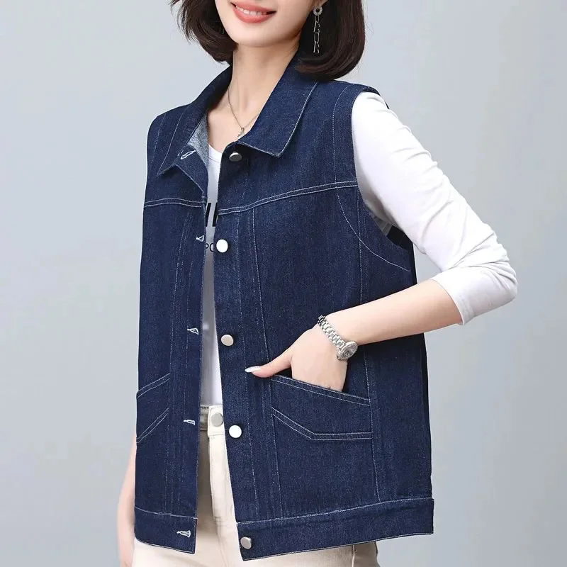 

Big Pocket Soft Denim Vest Coat Ladies 2025Spring Autumn New Cowboy Sleeveless Jacket Women Foreign Style Outer Waistcoat Blouse