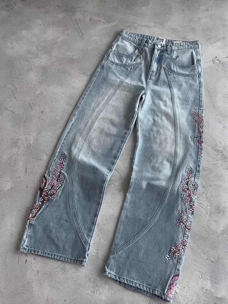 Houzhou vintage bordado jeans feminino y2k estilo hip hop calças jeans oversize gótico harajuku retro streetwear calças de perna larga