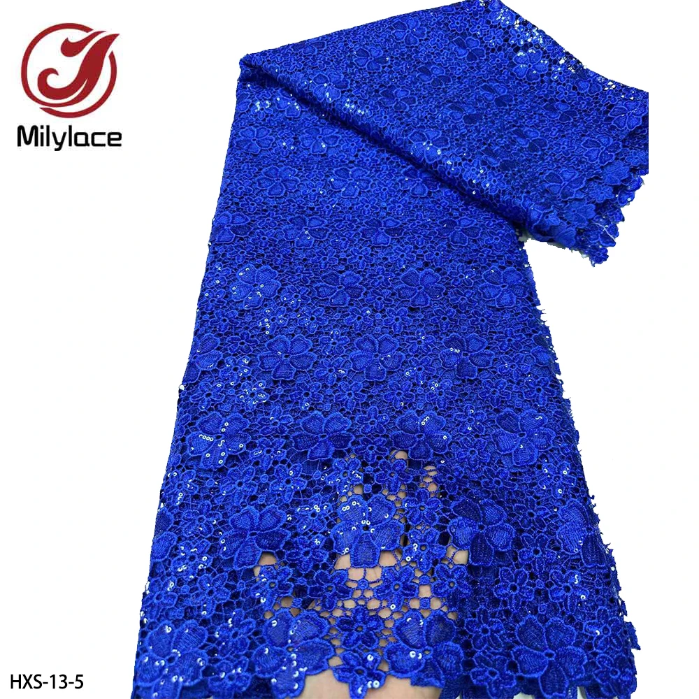 Royal Blue African Lace Fabric 5 Yards Sequins Guipure Cord Laces Fabrics for DIY Apparel Sewing Supplies HXS-13-0140