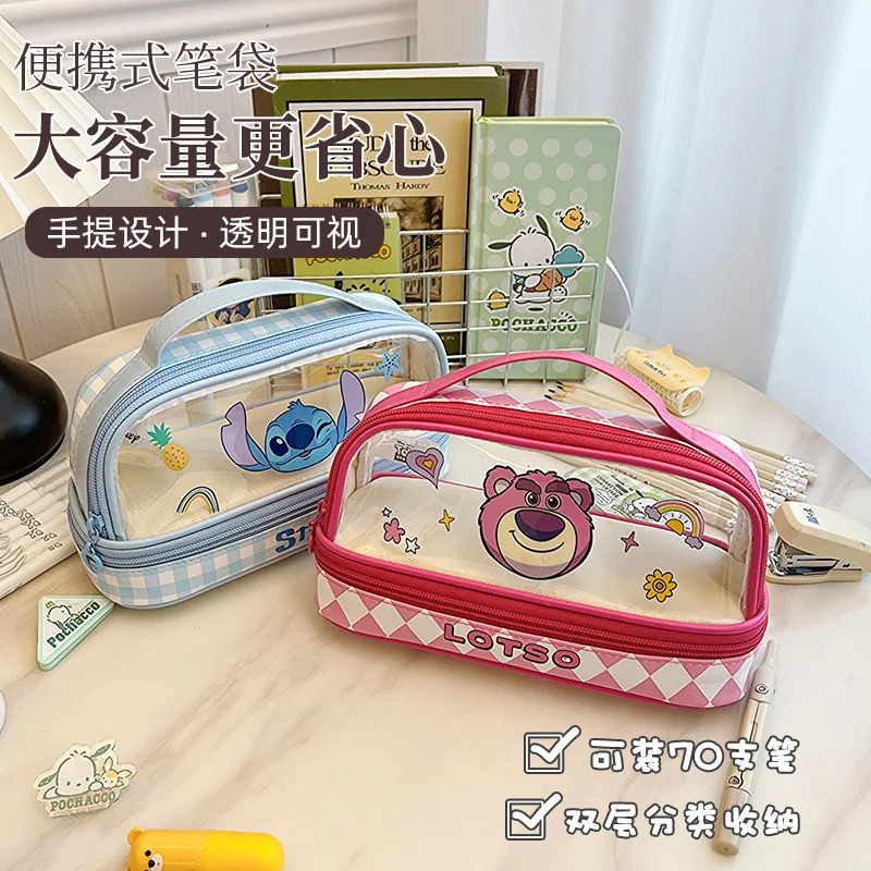 Disney Cartoon Stitch Lotso Pen Bag Large Capacity Transparent Double Layer Student Hand Pencil Case Girls Makeup Bag Gifts