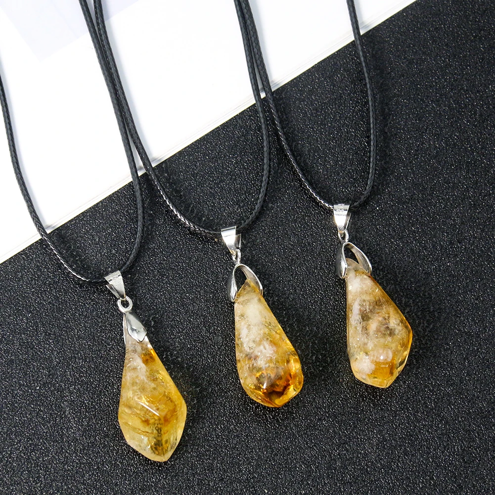 1PC Natural Citrine Necklace Energy Healing Reiki Rock Mineral Quartz Crystal Stone Charm Pendant Jewelry Choker for Women