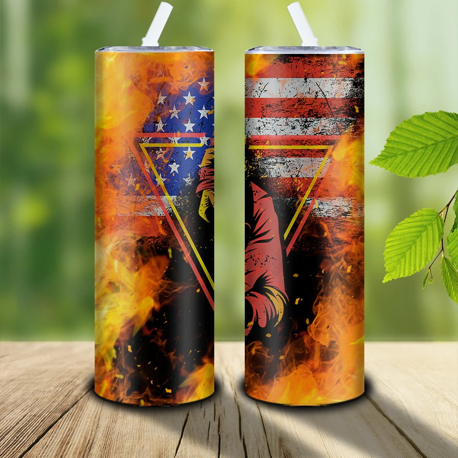 3D Print Firefighter American Flag Sublimation Stainless Steel Tumbler With Lid And Straw Skinny Water Bottle Suitable Gift