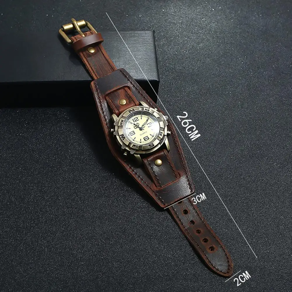 Vintage  Faux Leather Strap Quartz Watch Bracelet For Men Casual Wide Leather Band Wristwatch Clock Punk Round Dial Wrist Watch