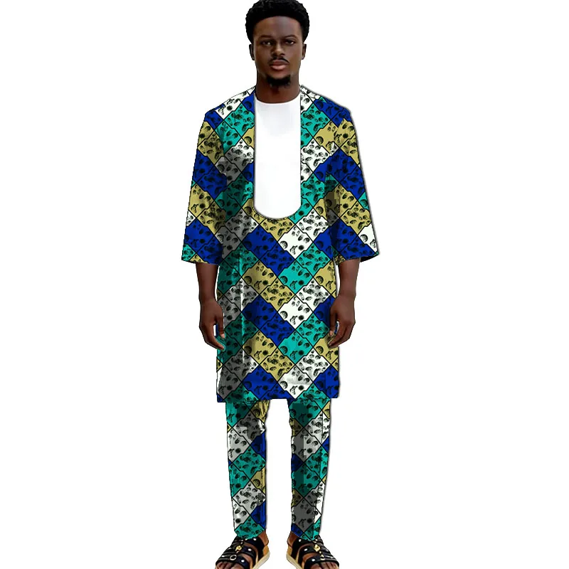 

Men's Patchwork Shirt Half Sleeve Top Set Dashiki Print Groom Suits African Couture Party Wear Customized