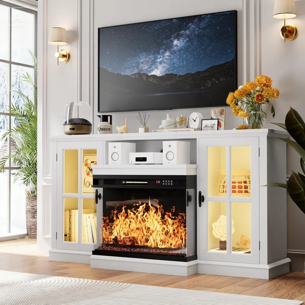 

Fireplace TV Stand, 65 Media Console with 3-Sided Glass & Color LED Lights, Entertainment Center with Storage Cabinet