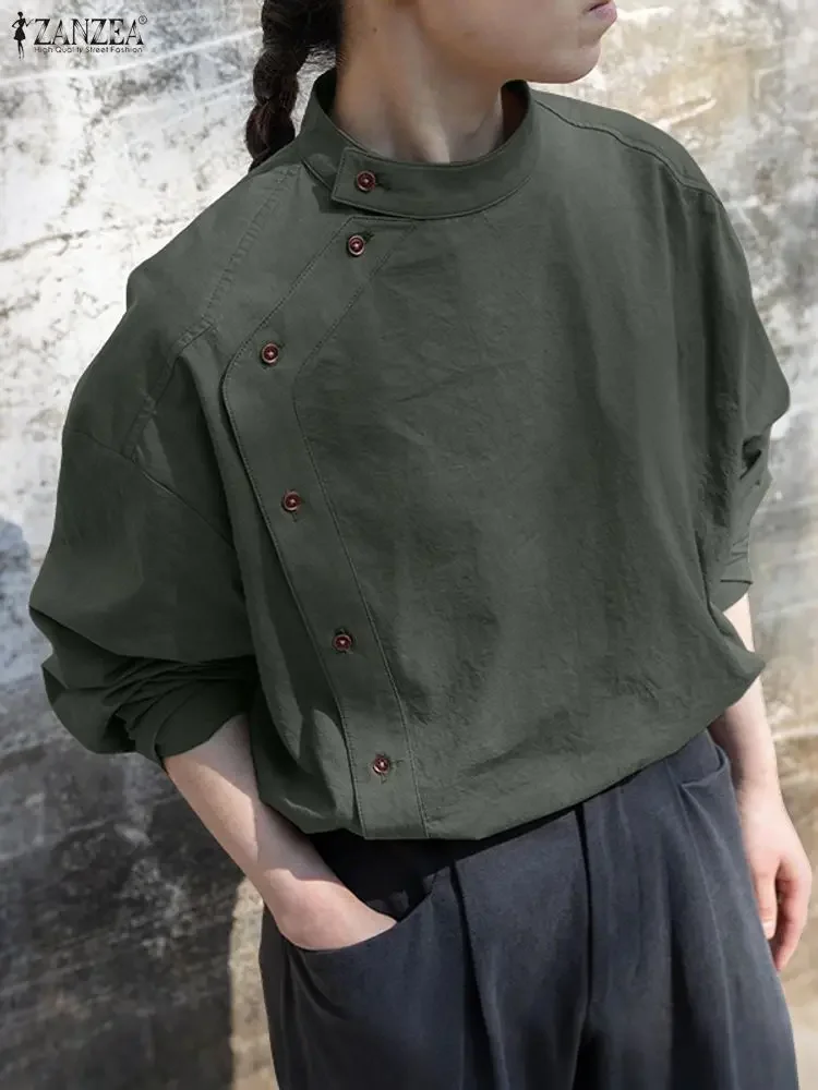 

2025 ZANZEA Autumn Long Sleeve Shirts Women Fashion Blouses Stand Collar Buttons Solid Elegant Office Lady Tops Vintage Blusas